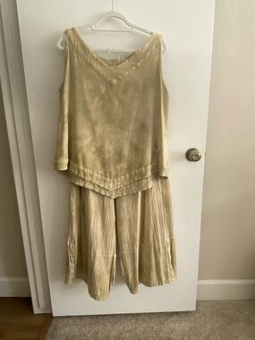 Oh My Gauze! Two piece Beige Textured V-Neck Top and wide leg pants.